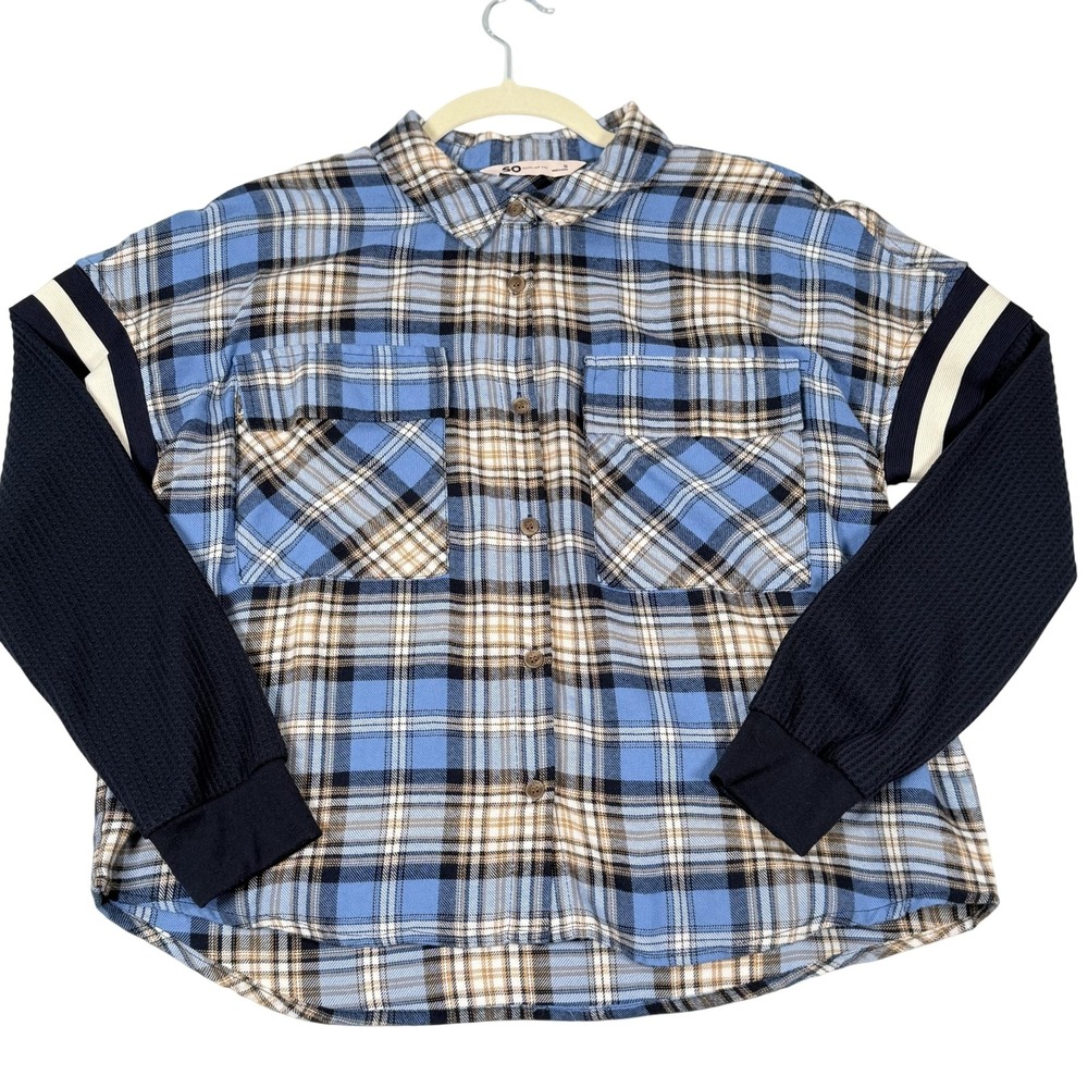 Plaid Flannel Rugby Shirt Sm Waffle Knit LS Button Front Spliced Top Oversized
